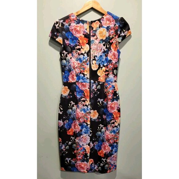 Betsey Johnson Multicolor Floral Cap Sleeve Midi Dress Scuba Lined Sz 6 - Picture 3 of 5
